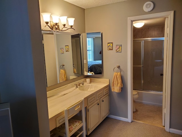 full bathroom featuring a textured ceiling, toilet, enclosed tub / shower combo, vanity, and a chandelier