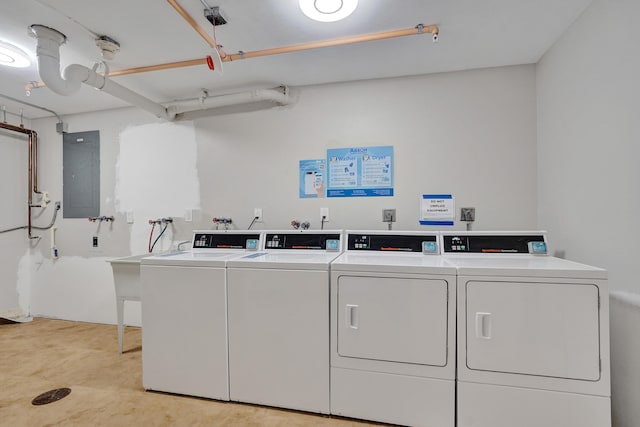 laundry area featuring electric panel and washing machine and clothes dryer