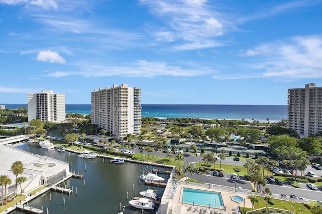 aerial view featuring a water view