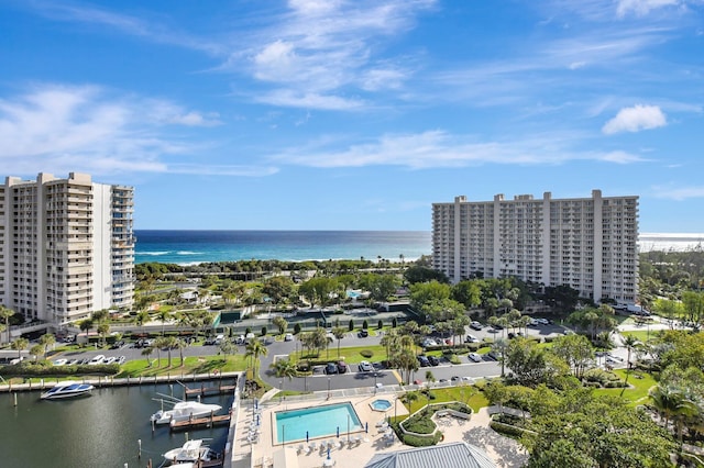 bird's eye view with a water view