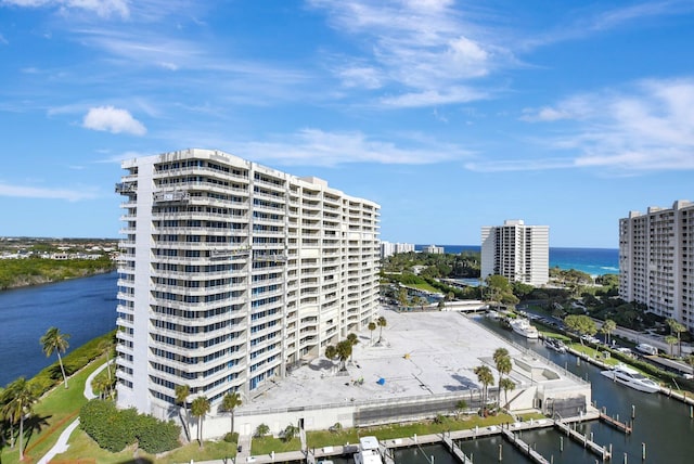 view of building exterior with a water view