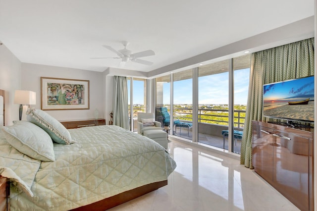 tiled bedroom with ceiling fan, access to exterior, and floor to ceiling windows