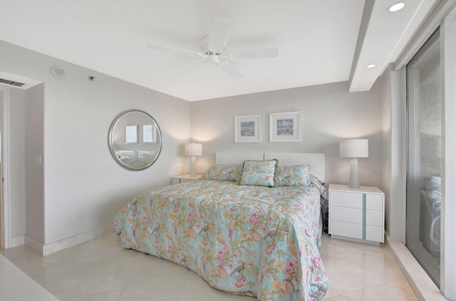 tiled bedroom featuring ceiling fan