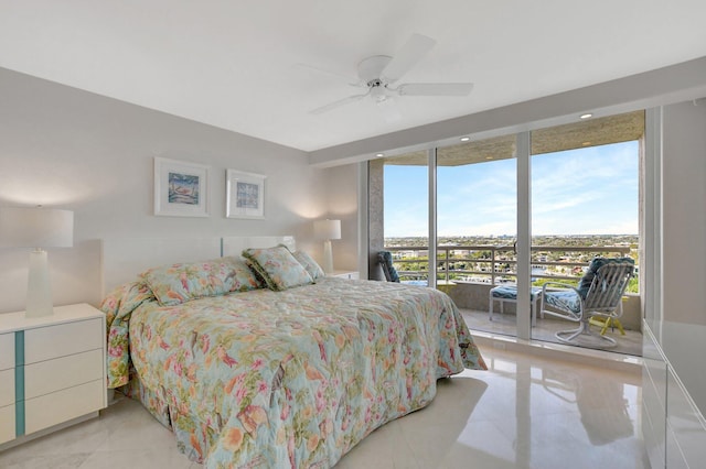 tiled bedroom featuring ceiling fan, access to exterior, and expansive windows