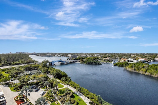 birds eye view of property featuring a water view