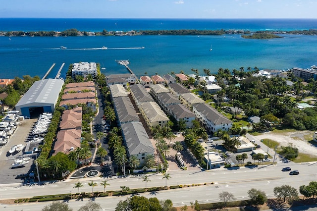 drone / aerial view with a water view