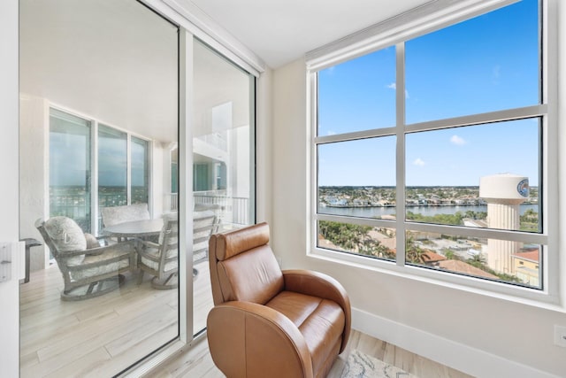 sitting room featuring a water view and light hardwood / wood-style flooring