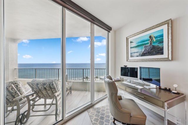 office area featuring a water view and expansive windows