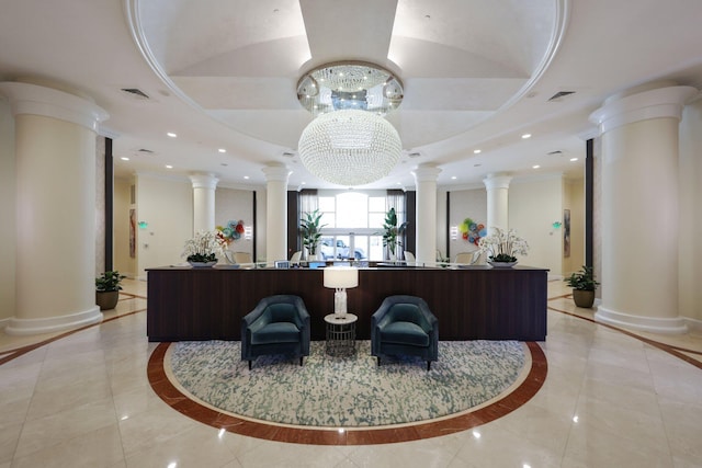 reception area with a notable chandelier