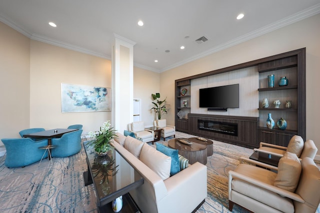 living room with ornamental molding