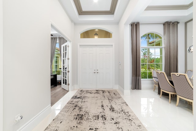 foyer featuring a wealth of natural light and a tray ceiling