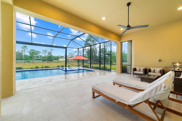 view of swimming pool featuring an outdoor living space, a lanai, and a patio