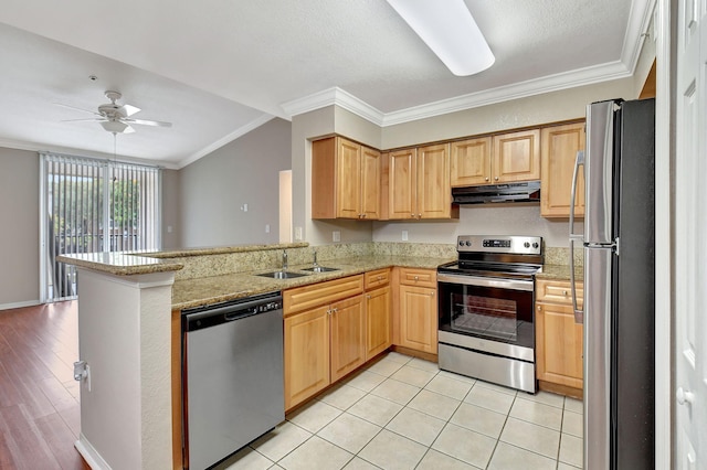 kitchen with light stone countertops, appliances with stainless steel finishes, ornamental molding, kitchen peninsula, and ceiling fan