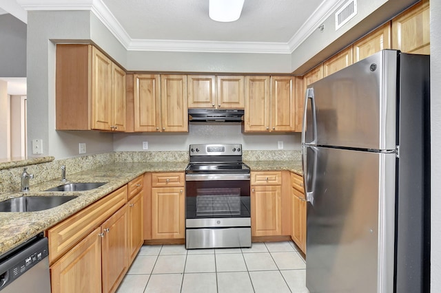 kitchen with ventilation hood, stainless steel appliances, ornamental molding, light stone counters, and sink