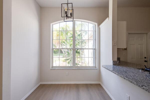 unfurnished dining area with a notable chandelier, light hardwood / wood-style floors, and a wealth of natural light