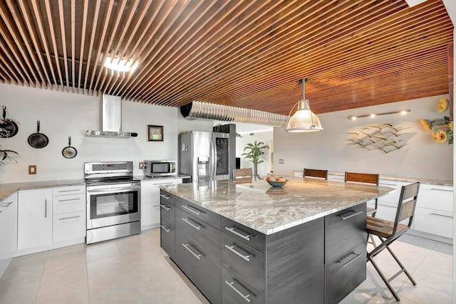 kitchen with wall chimney exhaust hood, a kitchen island, decorative light fixtures, white cabinetry, and stainless steel appliances