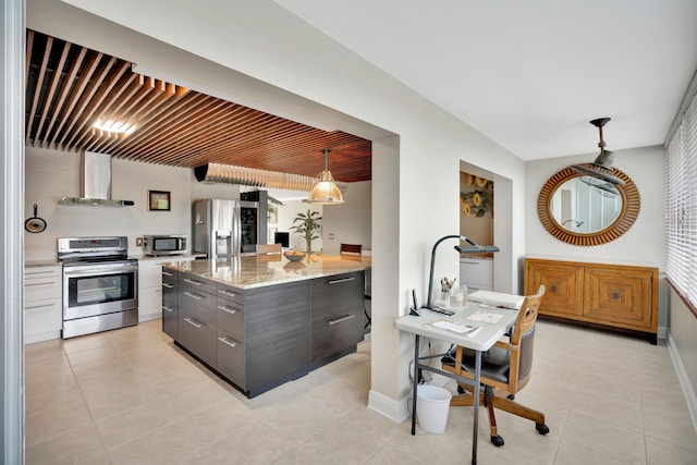 kitchen with appliances with stainless steel finishes, pendant lighting, a kitchen island, wall chimney exhaust hood, and dark brown cabinetry