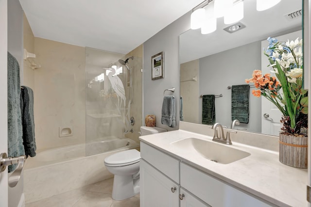 full bathroom with shower / tub combination, toilet, tile patterned flooring, and vanity