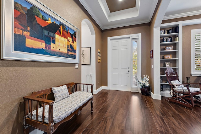 foyer entrance with dark wood-type flooring, crown molding, and a raised ceiling