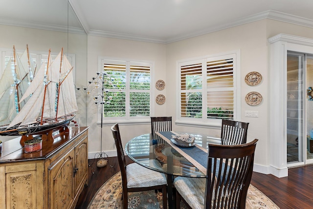 dining room featuring crown molding and dark wood-type flooring