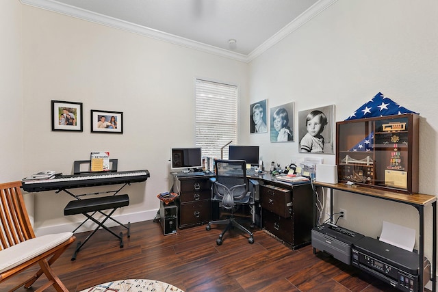 home office featuring ornamental molding and dark hardwood / wood-style floors