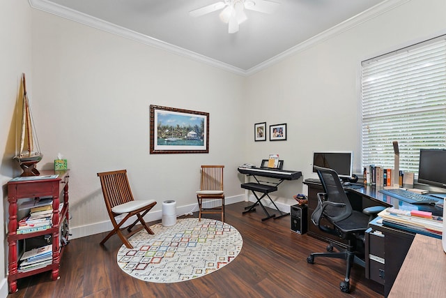 home office with dark wood-type flooring, ceiling fan, and ornamental molding