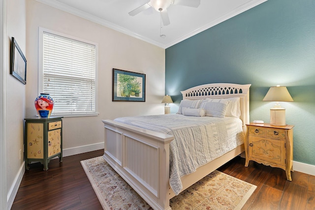 bedroom with crown molding, ceiling fan, and dark wood-type flooring