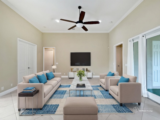 living room with light tile patterned flooring, crown molding, and ceiling fan