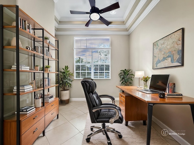 office area featuring ceiling fan, ornamental molding, and light tile patterned floors