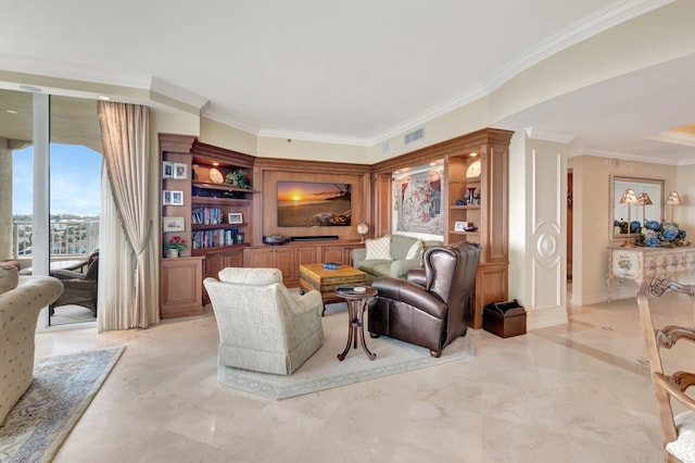 living room with ornamental molding