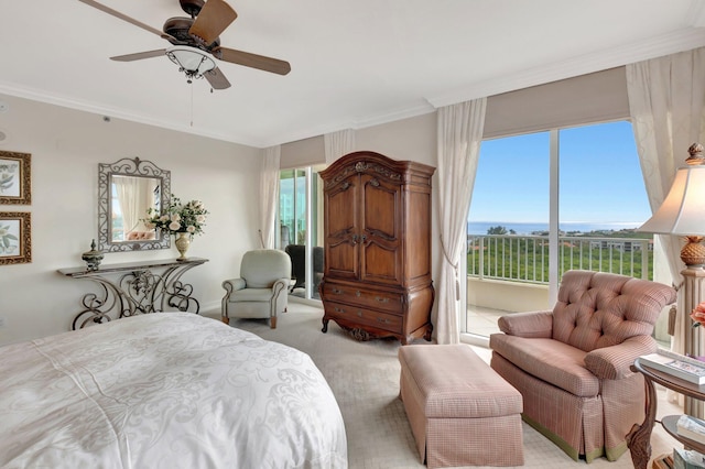 bedroom featuring ceiling fan, light colored carpet, multiple windows, and crown molding