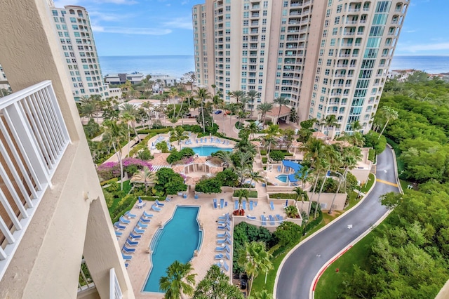 bird's eye view with a water view