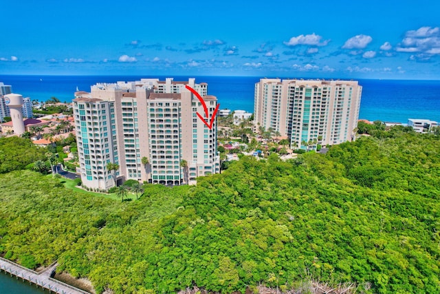 drone / aerial view featuring a water view