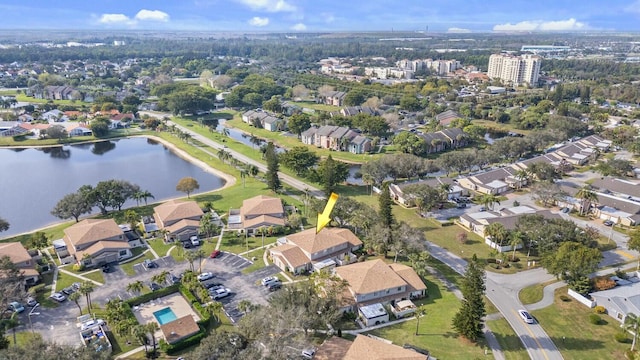 drone / aerial view featuring a water view