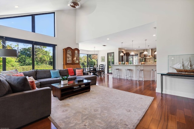 living room featuring ceiling fan and hardwood / wood-style flooring