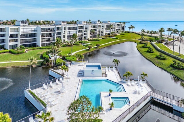 aerial view featuring a water view