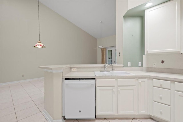 kitchen with sink, decorative light fixtures, white cabinetry, kitchen peninsula, and white dishwasher