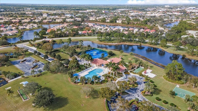 drone / aerial view with a water view