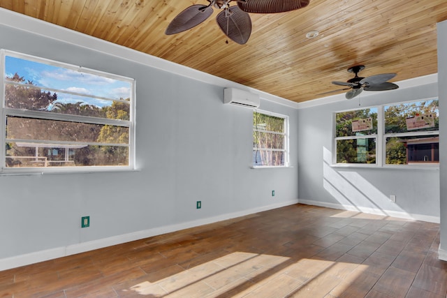 empty room featuring wooden ceiling and a wall unit AC