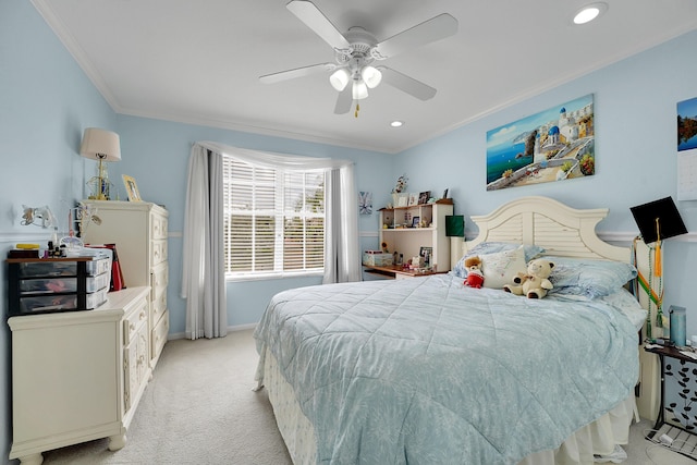 bedroom featuring ceiling fan, light carpet, and crown molding