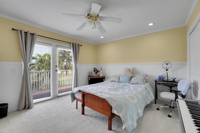 bedroom with ceiling fan, access to outside, light carpet, and crown molding