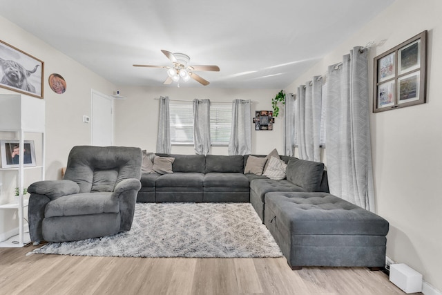 living room featuring ceiling fan and light wood-type flooring