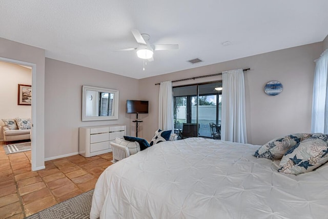 bedroom with ceiling fan and access to exterior