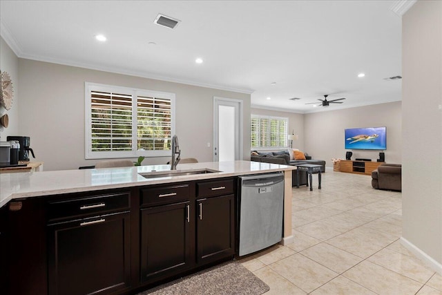 kitchen with dark brown cabinetry, sink, light tile patterned floors, ornamental molding, and dishwasher