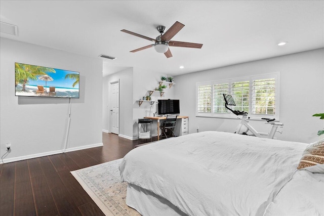 bedroom featuring dark hardwood / wood-style floors and ceiling fan