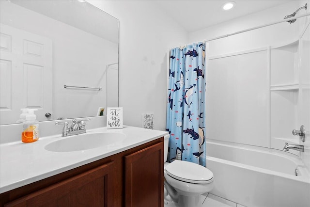 full bathroom with toilet, vanity, shower / bathtub combination with curtain, and tile patterned flooring