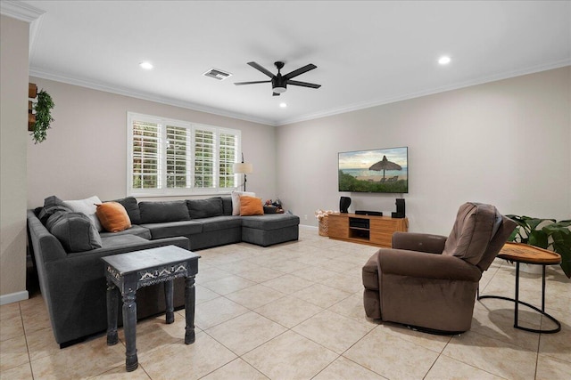 living room featuring crown molding, ceiling fan, and light tile patterned flooring