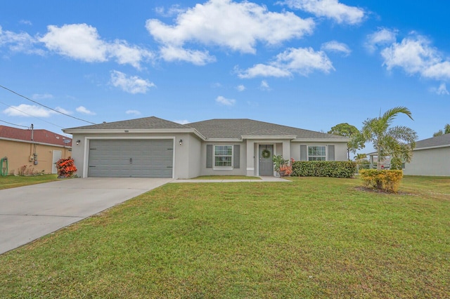 ranch-style home with a front lawn and a garage