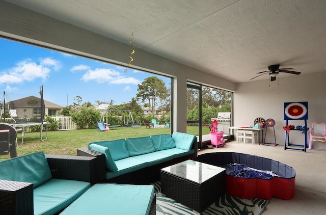 view of patio with an outdoor hangout area, a playground, and a trampoline