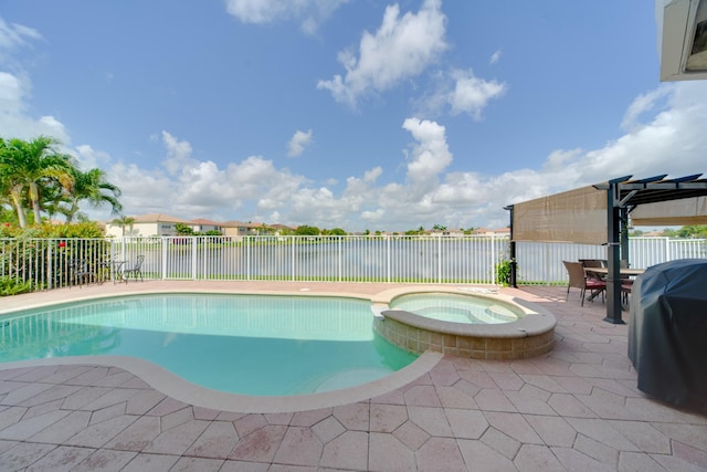 view of swimming pool featuring a patio area, a water view, area for grilling, a pergola, and an in ground hot tub